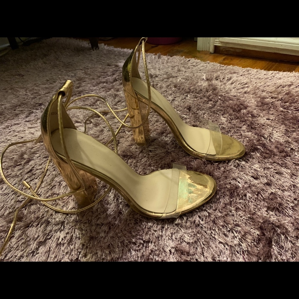Rose gold clear strap block heels